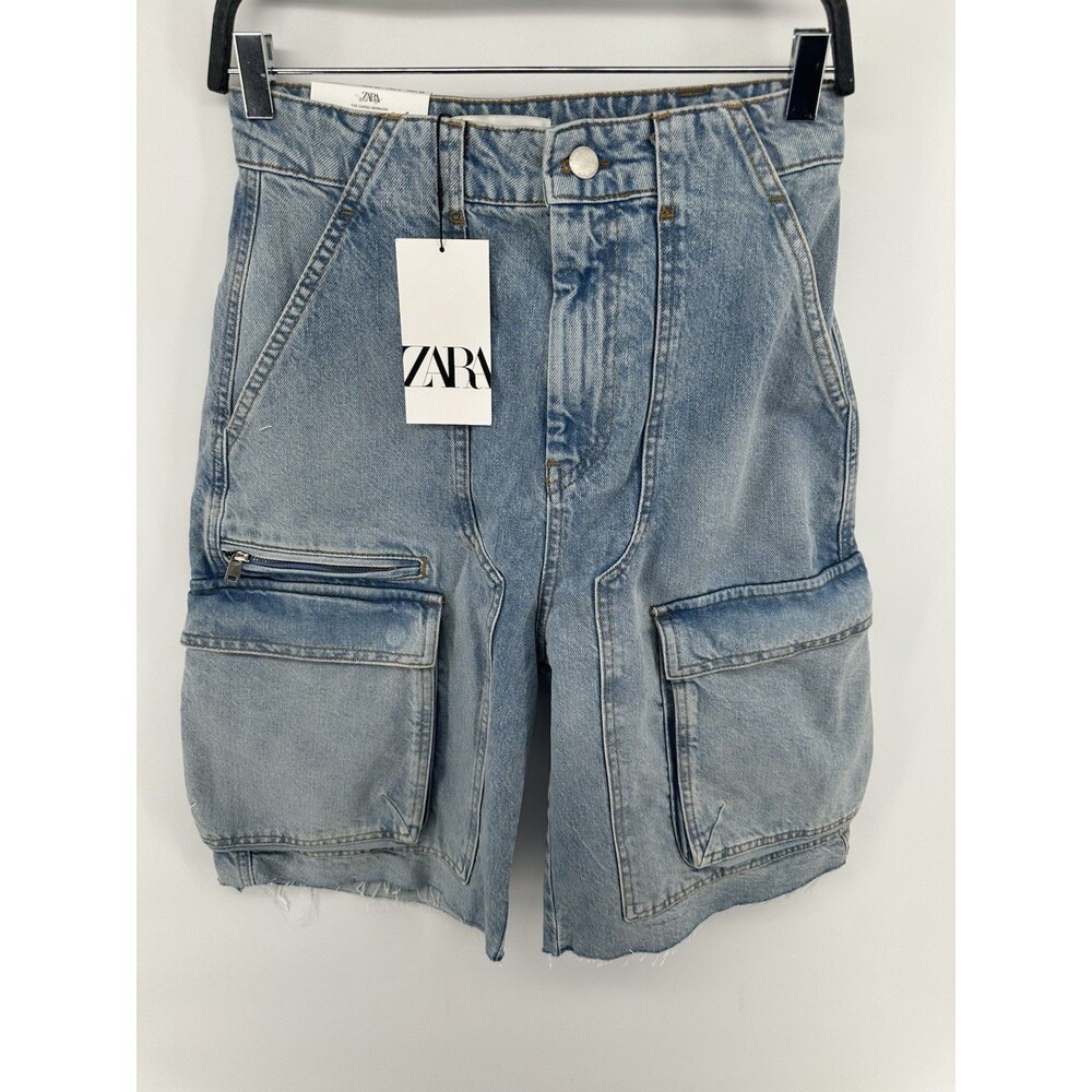 Zara Mid Rise Cargo Denim Bermuda Shorts In Blue Women's Size 4